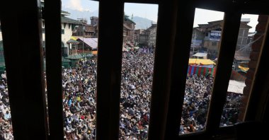 Muslim devotees offer prayers outside the shrine of Muslim preacher and Sufi saint, Sheikh Syed Abdul Qadir Jeelani, Srinagar, Kashmir, Oct. 10, 2025. (EPA Photo)