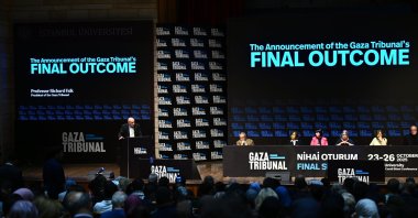 Professor Richard Falk and the Gaza Tribunal jury announce the verdict, Istanbul, Türkiye, Oct. 26, 2025. (AA Photo)