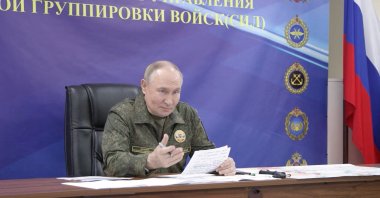 Russian President Vladimir Putin speaks, as he visits the army command center at an unidentified location, Oct. 26, 2025. (Reuters Photo)