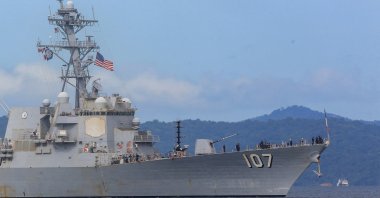 The U.S. Navy destroyer USS Gravely (DDG-107) approaches Port of Spain for joint training with the Trinidad and Tobago Defence Force to strengthen regional security and military cooperation, as seen from Port of Spain, Trinidad and Tobago, Oct. 26, 2025. (Reuters Photo)