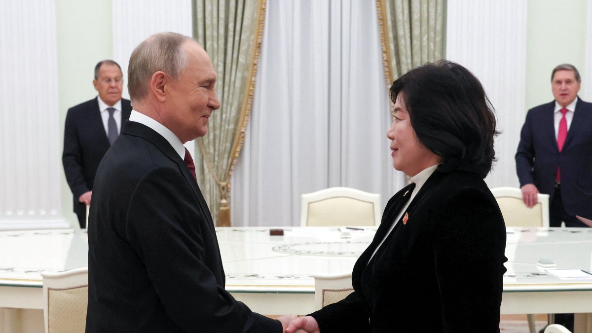 Russian President Vladimir Putin shakes hands with North Korean Foreign Minister Choe Son Hui during a meeting in Moscow, Russia, Oct. 27, 2025. (Sputnik via Reuters)