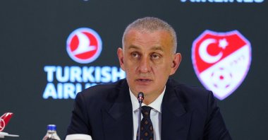 Turkish Football Federation (TFF) President Ibrahim Ethem Hacıosmanoğlu speaks during the signing ceremony renewing the national teams’ main sponsorship agreement between the TFF and Turkish Airlines, held at the Hasan Doğan National Teams Training and Education Facilities, Istanbul, Türkiye, Oct. 7, 2025. (AA Photo)

