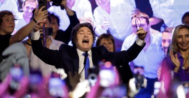 Argentina&#039;s President Javier Milei celebrates after the La Libertad Avanza party won the midterm election, in Buenos Aires, Argentina, Oct. 26, 2025. (Reuters Photo)