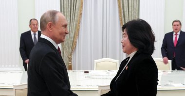 Russian President Vladimir Putin shakes hands with North Korean Foreign Minister Choe Son Hui during a meeting in Moscow, Russia, Oct. 27, 2025. (Sputnik via Reuters)