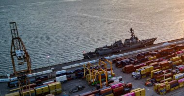 This aerial view shows the USS Gravely warship docked in the port of Port of Spain, Oct. 26, 2025. (AFP Photo)