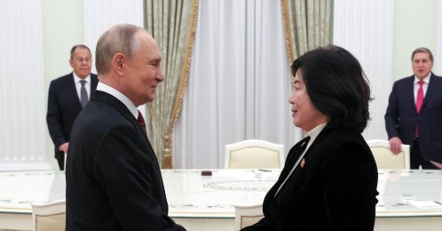 Russian President Vladimir Putin shakes hands with North Korean Foreign Minister Choe Son Hui during a meeting in Moscow, Russia, Oct. 27, 2025. (Sputnik via Reuters)