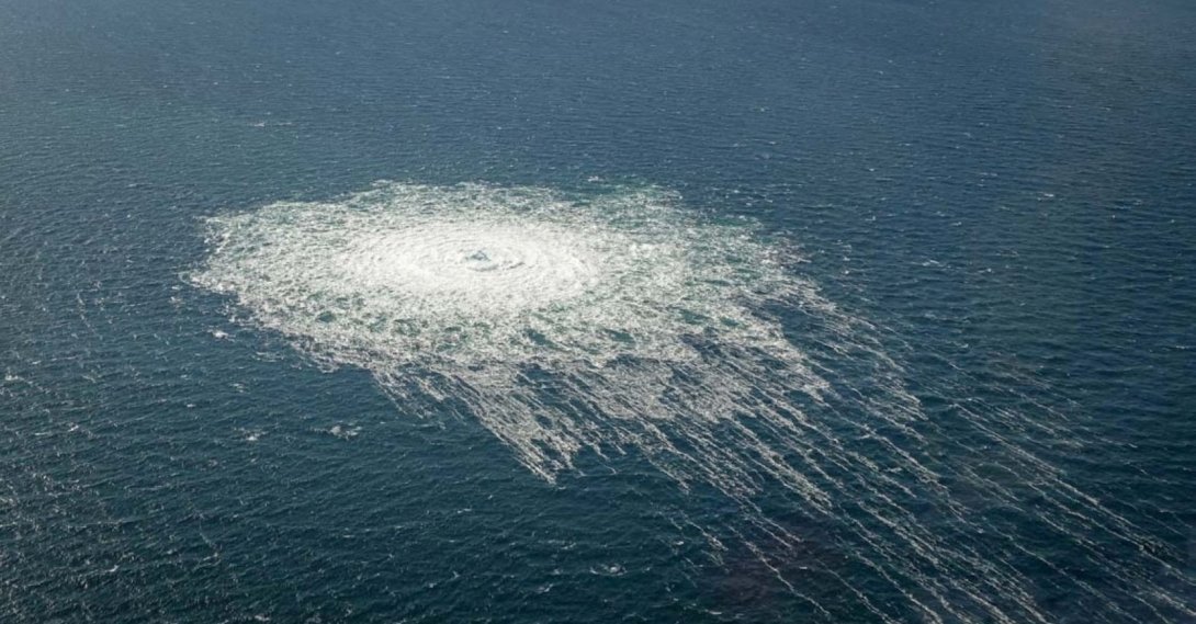Gas bubbles from the Nord Stream 2 leak reaching the surface of the Baltic Sea, showing a disturbance of well over 1 kilometre in diameter, near Bornholm, Denmark, Sept. 27, 2022. (Danish Defense Command Handout via Reuters File Photo)