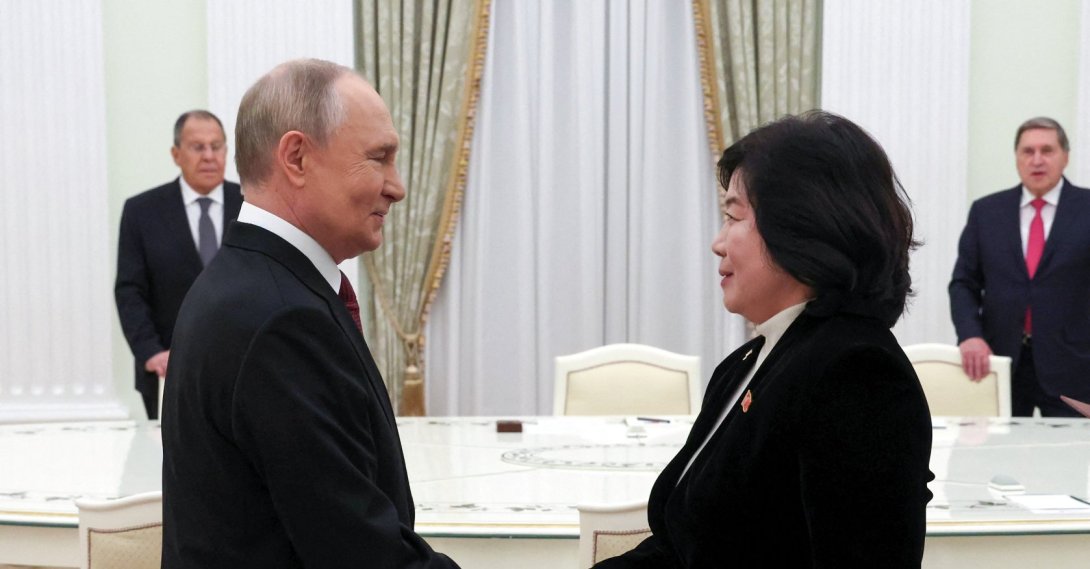 Russian President Vladimir Putin shakes hands with North Korean Foreign Minister Choe Son Hui during a meeting in Moscow, Russia, Oct. 27, 2025. (Sputnik via Reuters)