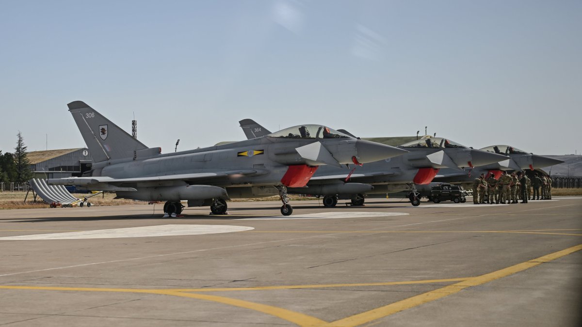 Three British Typhoon fighter jets are seen at an airbase in Ankara, Türkiye, Oct. 27, 2025. (AA Photo)