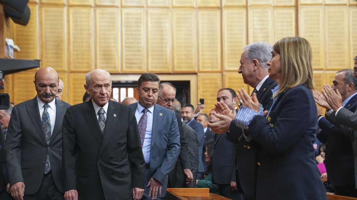 MHP leader Devlet Bahçeli arrives for a parliamentary meeting of his party, Ankara, Türkiye, Oct. 21, 2025. (AA Photo)