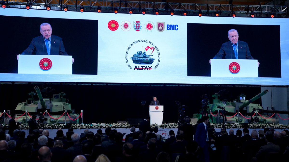 President Recep Tayyip Erdoğan speaks during the "Altay Tank Mass Production Facility Opening and First Tank Delivery Ceremony," Ankara, Türkiye, Oct. 28, 2025. (AA Photo)