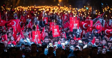 Participants waved Turkish flags during celebrations for the 101st anniversary of the Turkish republic in Istanbul, Türkiye, Oct. 29, 2024. (Getty Images Photo)