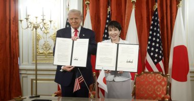 U.S. President Donald Trump and Japan’s Prime Minister Sanae Takaichi during a signing ceremony for an agreement on critical minerals and rare earths at the Akasaka Palace State Guest House, Tokyo, Japan, Oct. 28, 2025. (EPA Photo)