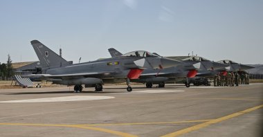 Three British Typhoon fighter jets are seen at an airbase in Ankara, Türkiye, Oct. 27, 2025. (AA Photo)