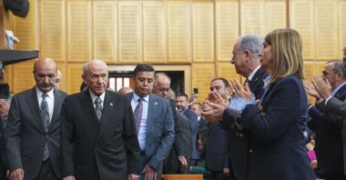 MHP leader Devlet Bahçeli arrives for a parliamentary meeting of his party, Ankara, Türkiye, Oct. 21, 2025. (AA Photo)