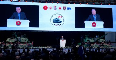 President Recep Tayyip Erdoğan speaks during the "Altay Tank Mass Production Facility Opening and First Tank Delivery Ceremony," Ankara, Türkiye, Oct. 28, 2025. (AA Photo)