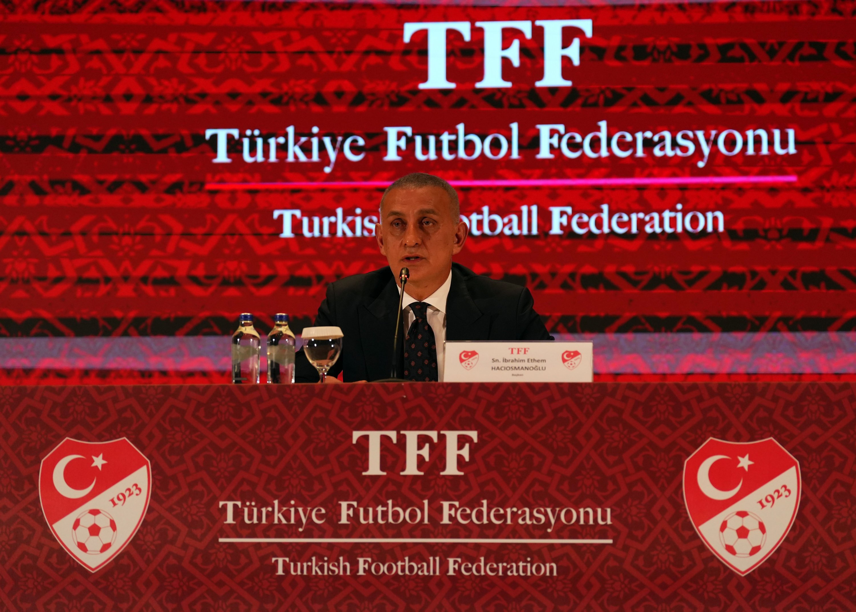 Turkish Football Federation (TFF) President Ibrahim Hacıosmanoğlu speaks during a press conference at the TFF Hasan Doğan National Teams Training and Education Facilities, Istanbul, Türkiye, Oct. 28, 2025. (IHA Photo)
