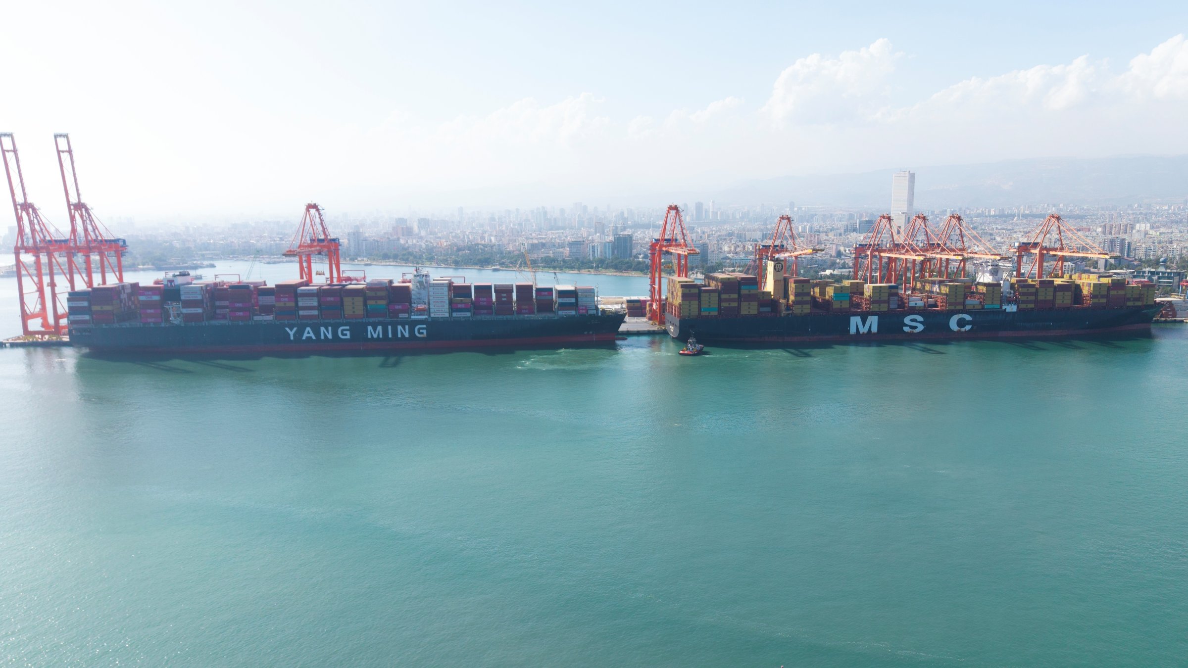 A general view of large container ships at Mersin Port, southern Türkiye, Oct. 6, 2025. (IHA Photo)