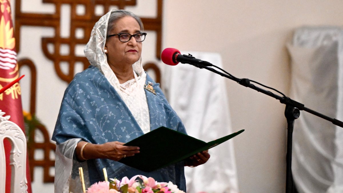 Bangladesh&#039;s then Prime Minister Sheikh Hasina speaks as she is sworn in for a fifth term at the Presidential Palace, in Dhaka, Bangladesh, Jan. 11, 2024. (AFP Photo)