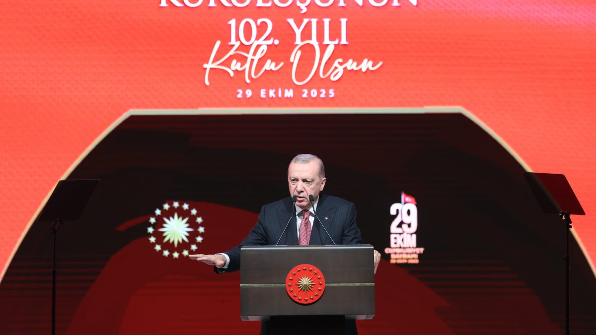 President Recep Tayyip Erdoğan speaks at the Oct. 29 Republic Day Special Program held at the Presidential Complex Exhibition Hall, Ankara, Oct. 29, 2025. (AA Photo)