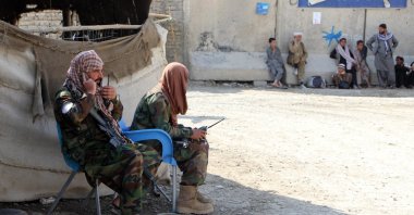 Taliban security officials stand guard at the Afghan-Pakistan border in Spin Boldak, Kandahar, Afghanistan, Oct. 27, 2025. (EPA Photo)