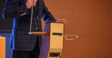 Peter Theremin plays the Theremin, Çorum, central Türkiye, Oct. 27, 2025. (AA Photo)