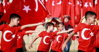 Primary school students perform during the Republic Day ceremony at Cumhuriyet Square, Mersin, Türkiye, Oct. 29, 2025. (AA Photo)