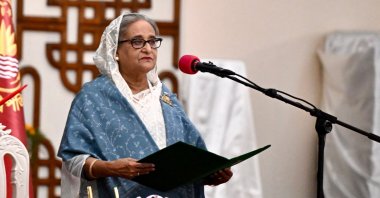 Bangladesh&#039;s then Prime Minister Sheikh Hasina speaks as she is sworn in for a fifth term at the Presidential Palace, in Dhaka, Bangladesh, Jan. 11, 2024. (AFP Photo)