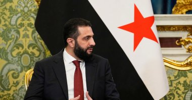 Syrian President Ahmad al-Sharaa speaks during a meeting with the Russian president at the Grand Kremlin Palace in Moscow, Russia, Oct. 15, 2025. (EPA Photo)