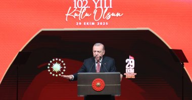 President Recep Tayyip Erdoğan speaks at the Oct. 29 Republic Day Special Program held at the Presidential Complex Exhibition Hall, Ankara, Oct. 29, 2025. (AA Photo)