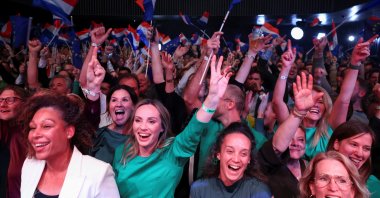 Democrats 66 (D66) supporters react to the first exit poll result in the Dutch parliamentary elections in Leiden, Netherlands, Oct. 29, 2025. (Reuters Photo)