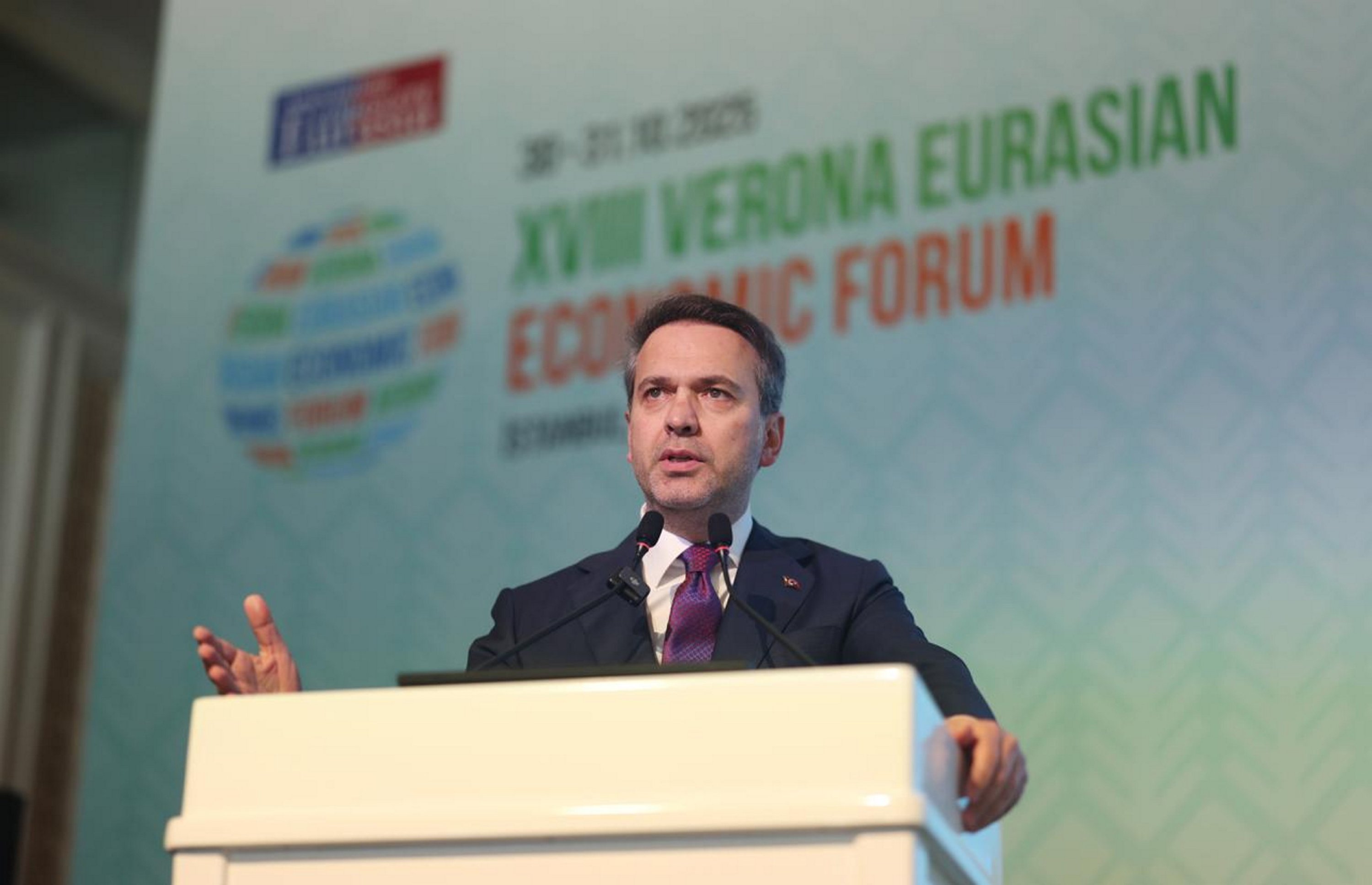 Energy and Natural Resources Minister Alparslan Bayraktar delivers a speech at the 18th Verona Eurasian Economic Forum, Istanbul, Türkiye, Oct. 30, 2025. (AA Photo)