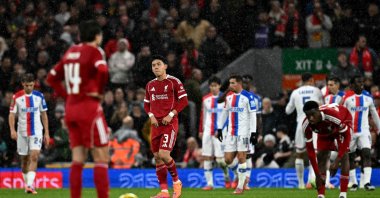 Liverpool&#039;s Wataru Endo (2nd L) reacts after Crystal Palace scores during the English League Cup fourth-round football match between Liverpool and Crystal Palace at Anfield, Liverpool, U.K., Oct. 29, 2025. (AFP Photo)