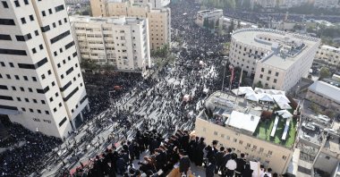Ultra Orthodox Jews attend a rally protesting against the army recruitment law in Jerusalem, Oct. 30, 2025.  (EPA Photo)