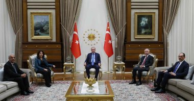 President Recep Tayyip Erdoğan holds a meeting with DEM Party delegation members Pervin Buldan (2nd L) and Mithat Sancar (L), as well as MIT head Ibrahim Kalın (R) and Justice and Development Party Deputy Chair Efkan Ala (2nd R), Ankara, Türkiye, Oct. 30, 2025. (AFP via Handout)
