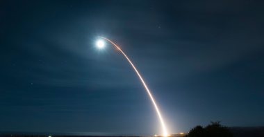 This handout from the US Air Force shows an unarmed Minuteman III intercontinental ballistic missile launching during a developmental test at Vandenberg Air Force Base, California, Feb. 5, 2020. (AFP File Photo)