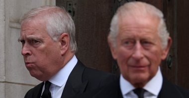 Britain&#039;s Prince Andrew, Duke of York (L) and Britain&#039;s King Charles III leave following a Requiem Mass, a Catholic funeral service in London, Sept. 16, 2025. (AFP Photo)