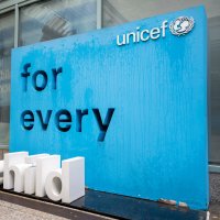 The UNICEF logo is seen outside the headquarters of the UNICEF, New York City, U.S., July 8, 2022. (Shutterstock Photo)