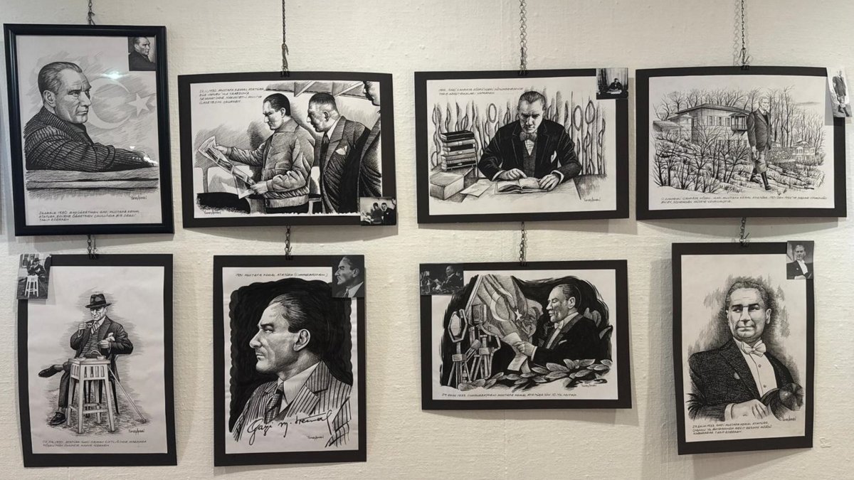 The charcoal drawings by the artist Yüksel Akman that depict Mustafa Kemal Atatürk's life are on display at the TGC Press Media Museum, Istanbul, Türkiye, Oct. 30, 2025. (AA Photo)