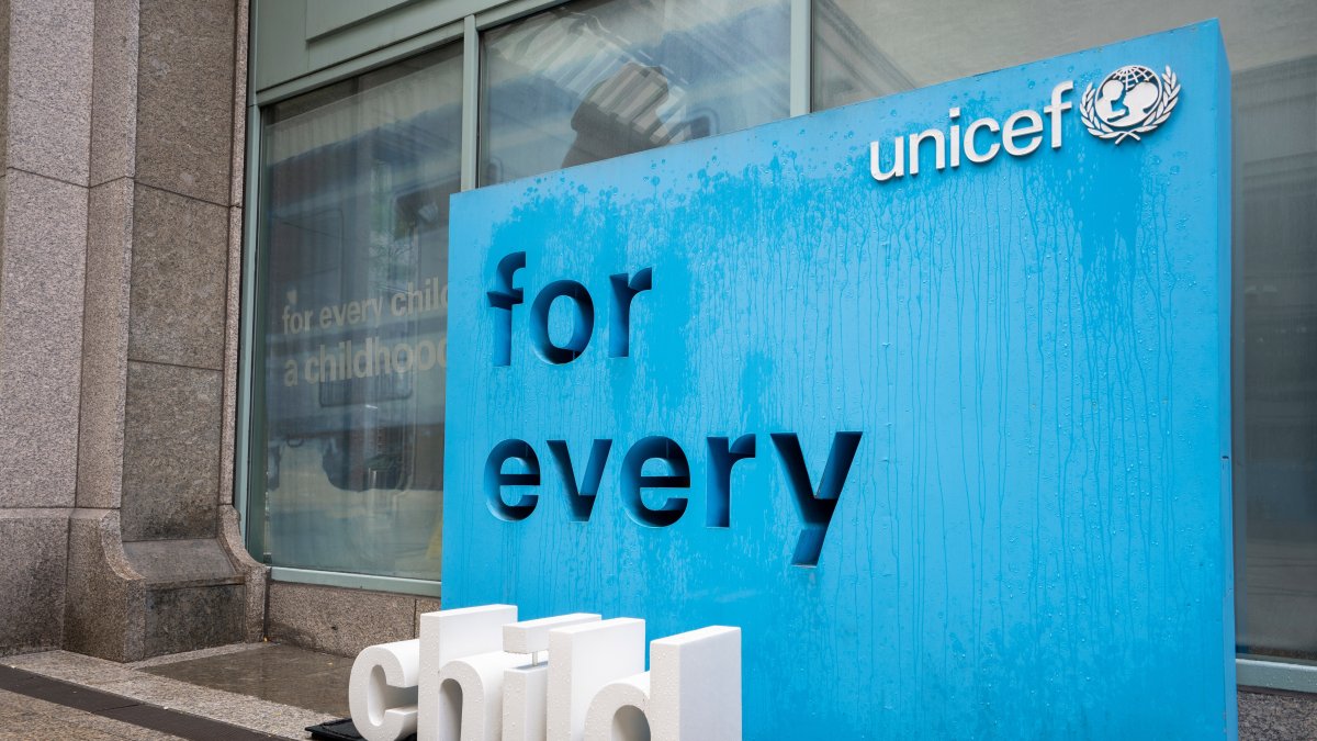 The UNICEF logo is seen outside the headquarters of the UNICEF, New York City, U.S., July 8, 2022. (Shutterstock Photo)
