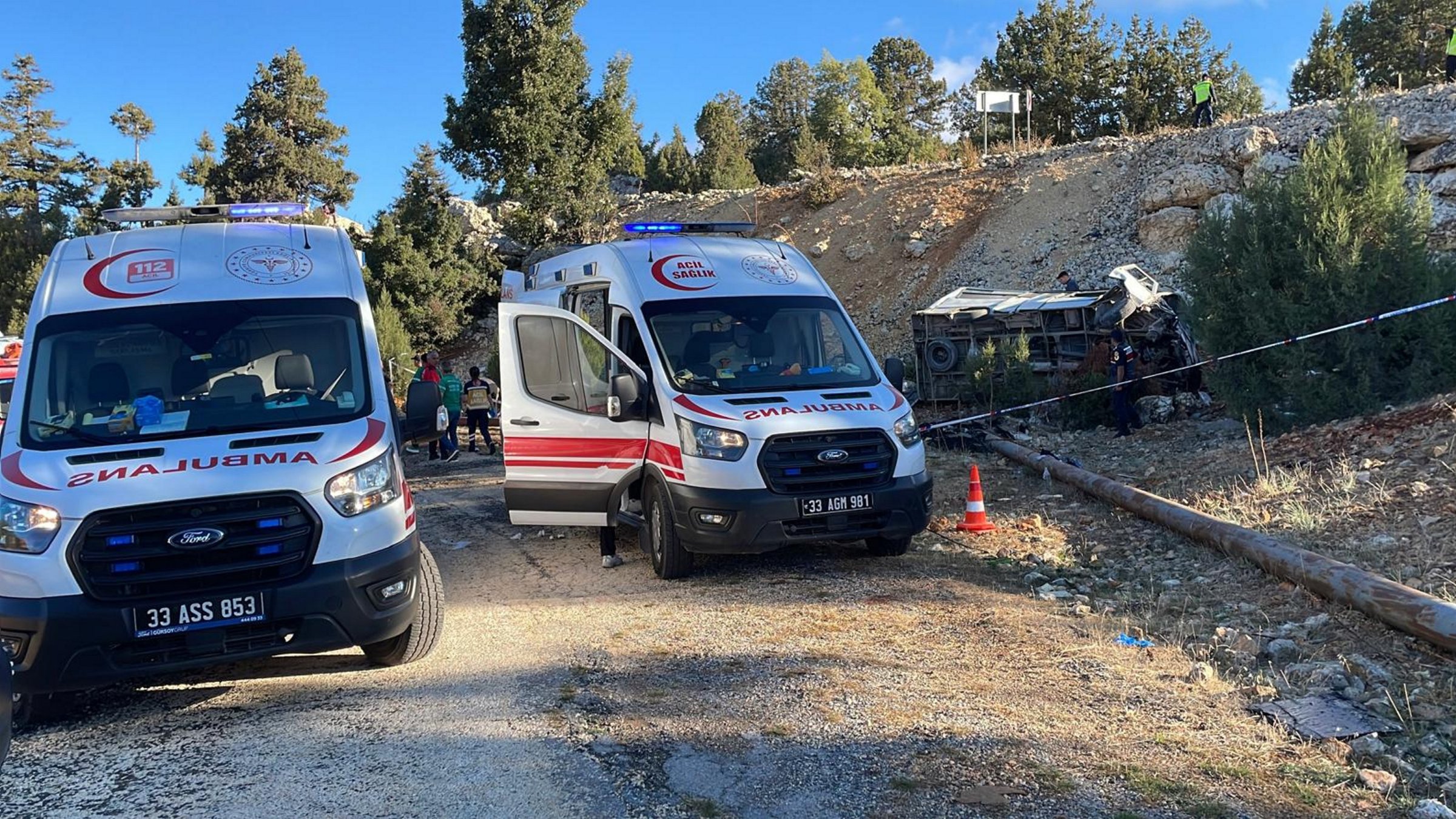 Ambulances are seen at the scene of a minibus accident in Erdemli, Edirne, northwestern Türkiye, Oct. 7, 2025. (AA Photo)
