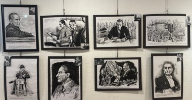 The charcoal drawings by the artist Yüksel Akman that depict Mustafa Kemal Atatürk&#039;s life are on display at the TGC Press Media Museum, Istanbul, Türkiye, Oct. 30, 2025. (AA Photo)