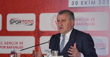 Turkish Youth and Sports Minister Osman Aşkın Bak speaks at the reopening ceremony of the Türkiye Tennis Federation’s (TTF) Istanbul Tennis Training Center, Türkiye, Oct. 30, 2025. (AA Photo)