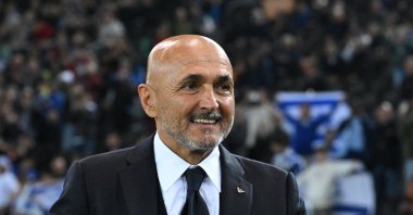 Italy&#039;s head coach Luciano Spalletti smiles during the UEFA Nations League, Ligue A Group A2 football match between Italy and Israel at the Friuli stadium, Udine, Italy, Oct. 14, 2024. (AFP Photo)