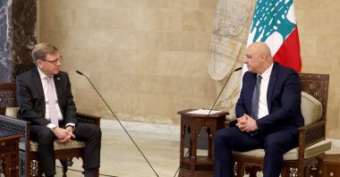 Lebanese President Joseph Aoun meets with German Foreign Minister Johann Wadephul, at the Presidential Palace in Baabda, east of Beirut. (Lebanese Presidency Handout via AFP)