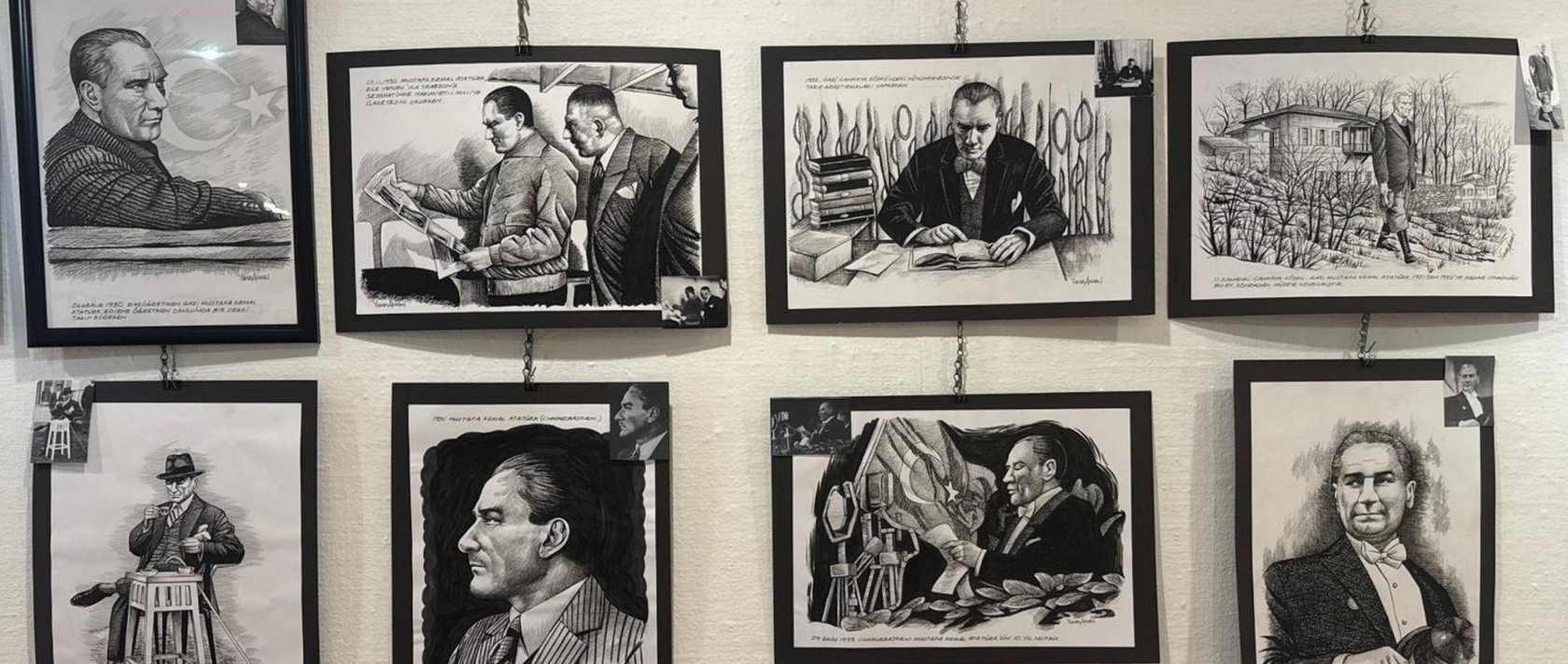 The charcoal drawings by the artist Yüksel Akman that depict Mustafa Kemal Atatürk&#039;s life are on display at the TGC Press Media Museum, Istanbul, Türkiye, Oct. 30, 2025. (AA Photo)