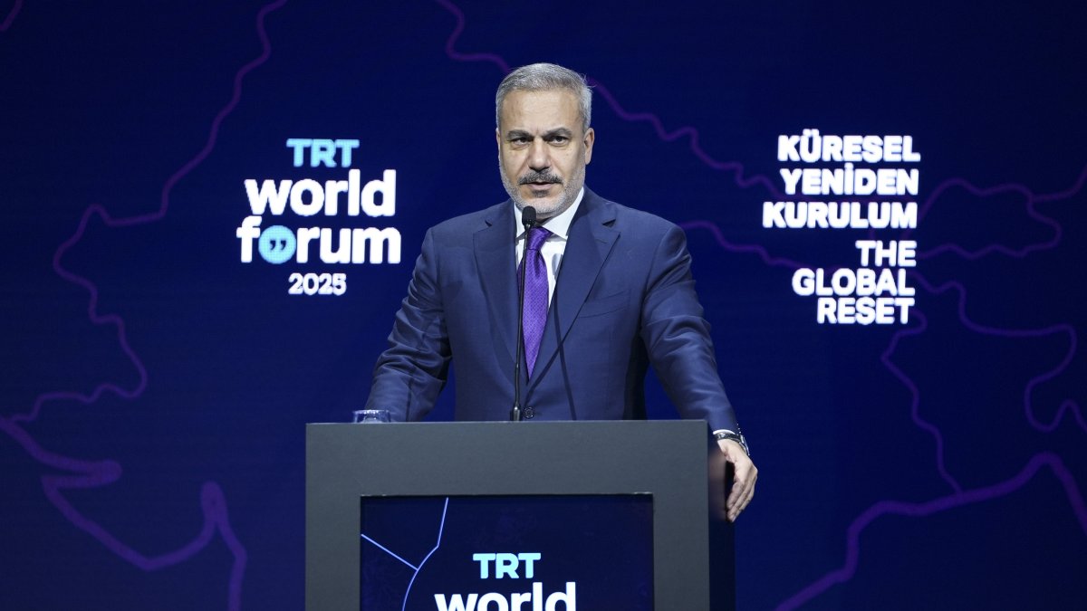 Foreign Minister Hakan Fidan speaks at the TRT World Forum 2025, themed “Global Reset: From the Old Order to New Realities,” in Istanbul, Türkiye, Nov. 1, 2025. (AA Photo)