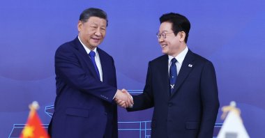 Chinese President Xi Jinping (L) shakes hands with South Korean President Lee Jae Myung before their summit meeting on the sidelines of the the Asia-Pacific Economic Cooperation (APEC) summit, at the Gyeongju National Museum in Gyeongju, South Korea, Saturday, Nov. 1, 2025. (AP Photo)