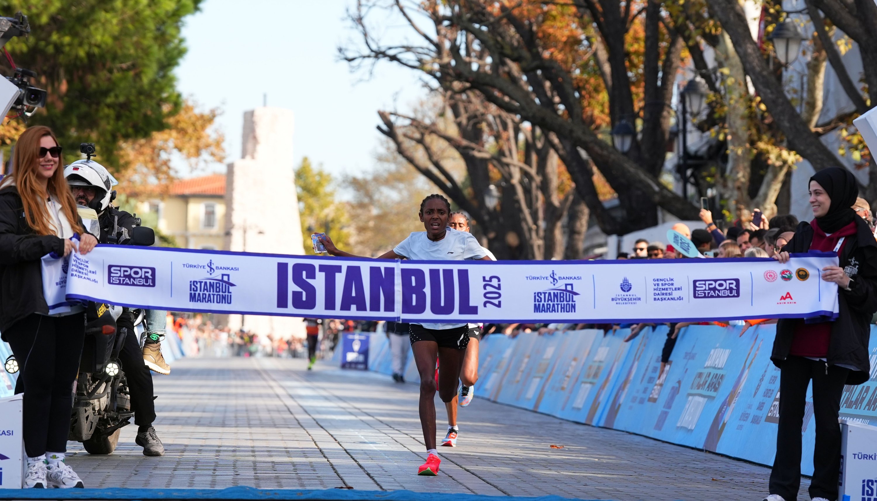 Ethiopia's Bizuager Aderra crosses the finish line to win the men's race of the 47th Istanbul Marathon, Istanbul, Türkiye, Oct. 2, 2025. (IHA Photo)