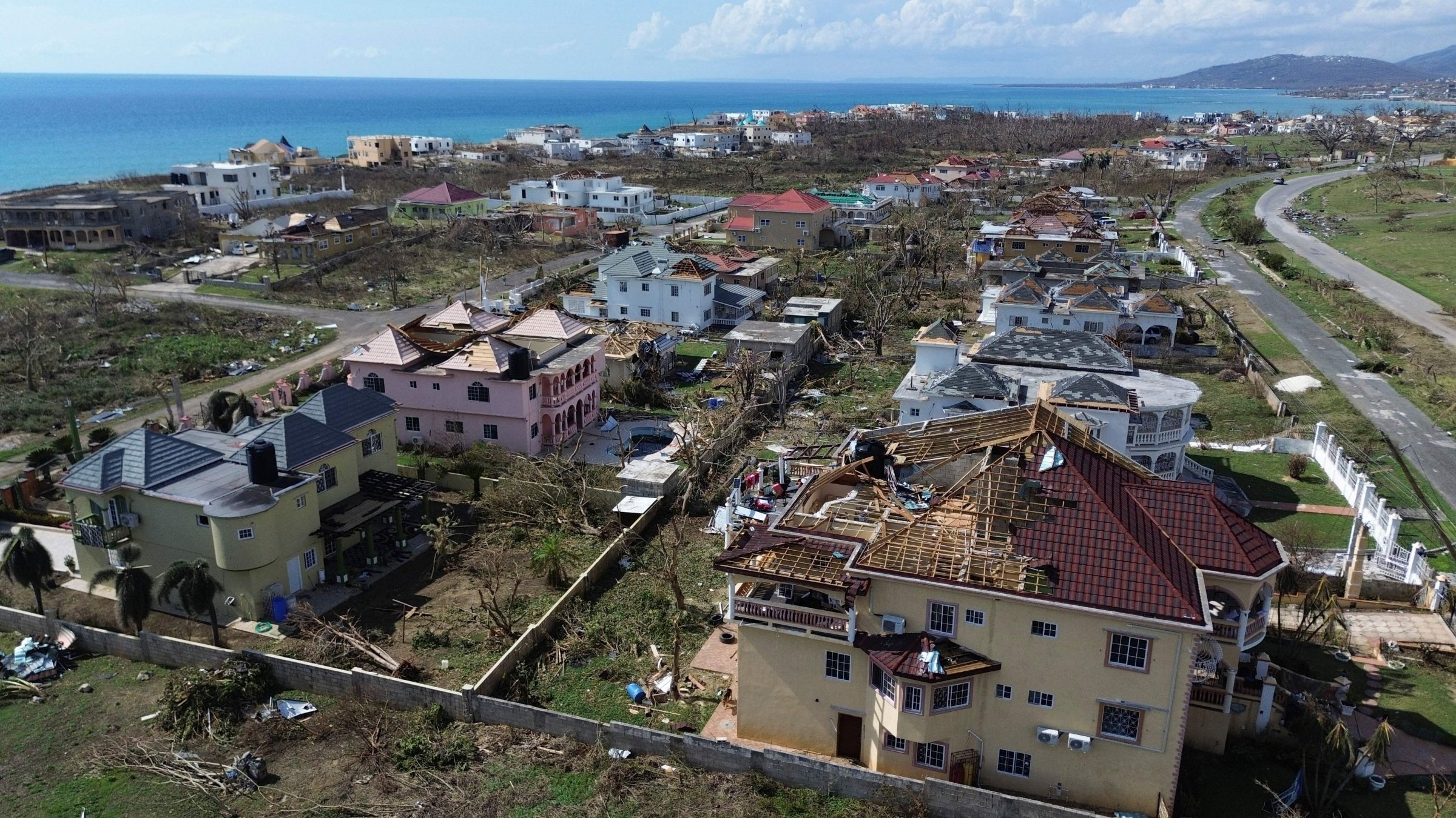 An aerial view shows damaged buildings in the aftermath of Hurricane Melissa, in Westmoreland, Jamaica, Oct. 31, 2025. (AFP Photo)